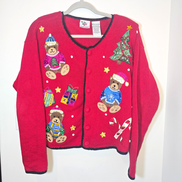 Nut Cracker Sweaters - Nut Cracker Vintage Teddy Bear Christmas Cardigan Embroidered Size Medium